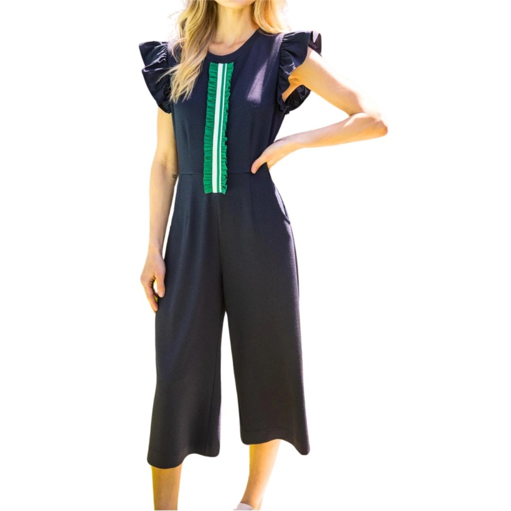 Navy Jumper with Flutter Sleeves and Green Ruffle Trim